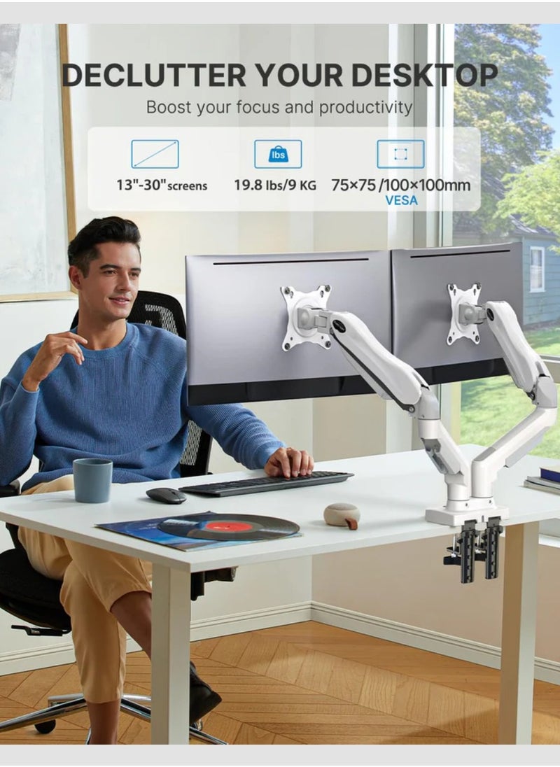 HUANUO - HNDS6W-1 Dual Monitor Stand - Full Adjustable Monitor Desk Mount Swivel Vesa Bracket with C Clamp, Grommet Mounting Base for 13 to 30 Inch Computer Screens - Each Arm Holds 4.4 to 19.8lbs White - Image 1