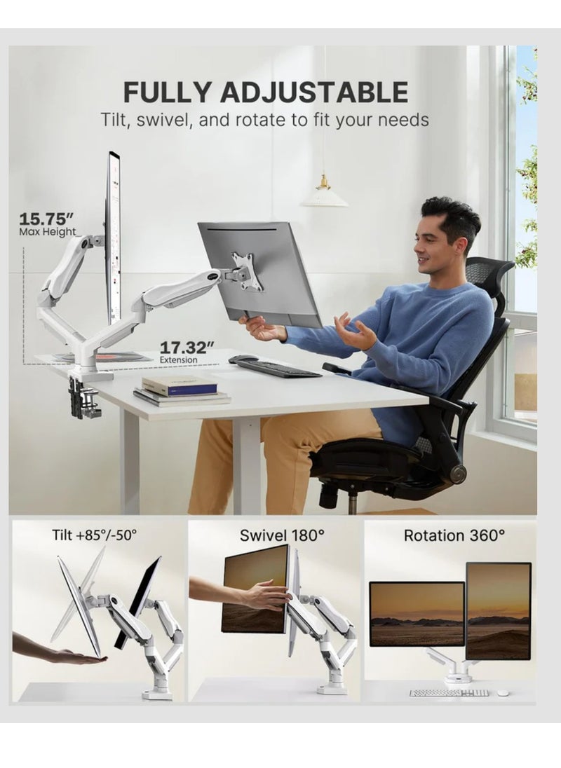 HUANUO - HNDS6W-1 Dual Monitor Stand - Full Adjustable Monitor Desk Mount Swivel Vesa Bracket with C Clamp, Grommet Mounting Base for 13 to 30 Inch Computer Screens - Each Arm Holds 4.4 to 19.8lbs White - Image 1