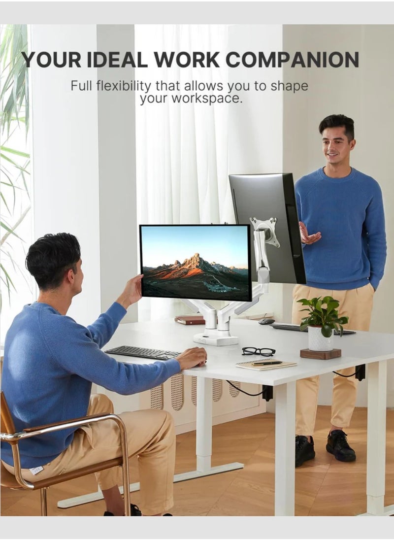 HUANUO - HNDS6W-1 Dual Monitor Stand - Full Adjustable Monitor Desk Mount Swivel Vesa Bracket with C Clamp, Grommet Mounting Base for 13 to 30 Inch Computer Screens - Each Arm Holds 4.4 to 19.8lbs White - Image 1