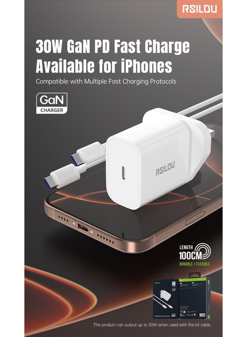 ارسيلو شاحن حائط سريع بقوة 30 واط بمنفذ Type-C من RSILOU R4251 مع كابل Type-C بطول 100 سم | شاحن ذكي لجميع الهواتف المحمولة | تصميم مدمج وآمن - Image 3