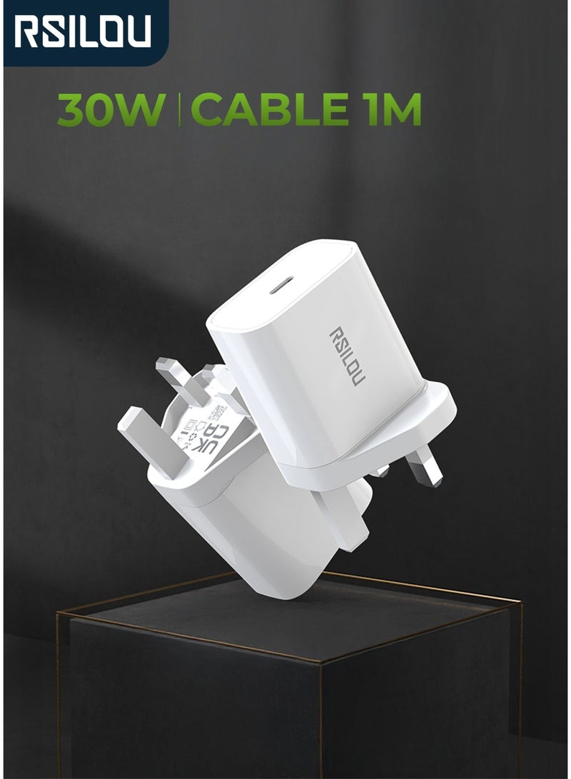 ارسيلو شاحن حائط سريع بقوة 30 واط بمنفذ Type-C من RSILOU R4251 مع كابل Type-C بطول 100 سم | شاحن ذكي لجميع الهواتف المحمولة | تصميم مدمج وآمن - Image 1