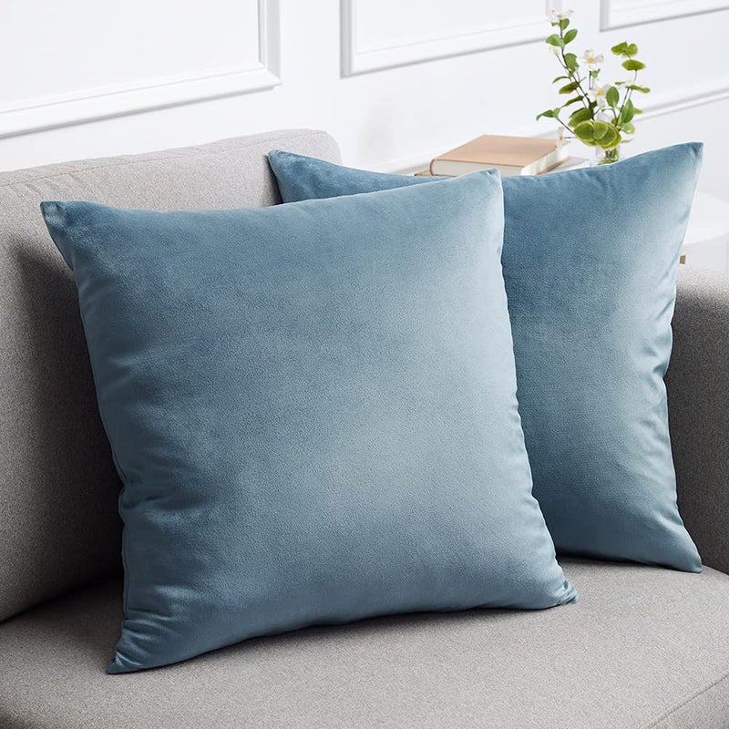 lalaLOOM Velvet Throw Pillow Covers Set of 2 20x20 Decorative Square Pillows Home Decor Soft Accent Cases Silky Machine Washable Pillowcases for Sofa Couch Bedroom Living Room Stone Blue