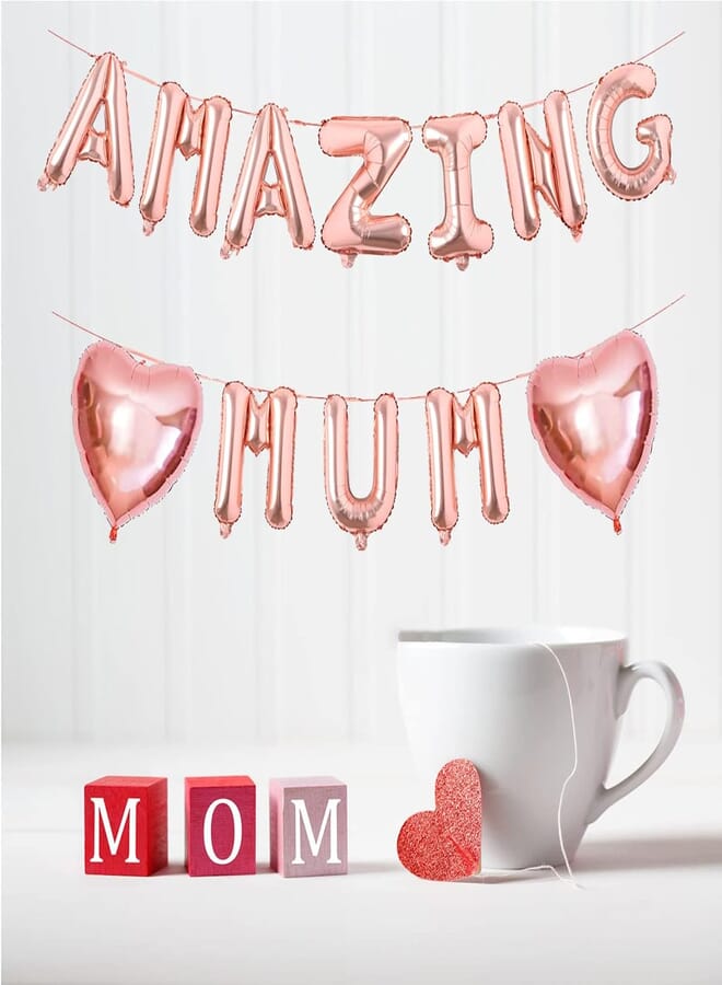 delaimaxiya 16 inch Rose Gold foil Balloon Banner AMAZING MUM Heart Foil Balloon for Mother's Day Decoration,Mother's Day Balloon Decoration