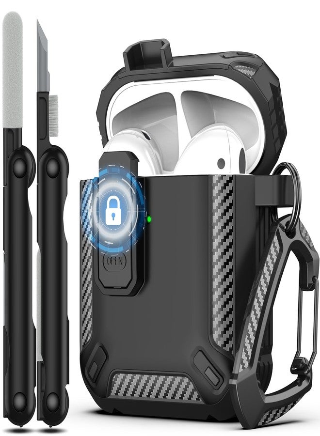 RFUNGUANGO for AirPod 2nd Generation Case Cover with Cleaner Kit, Military Hard Shell Protective Armor with Lock for AirPod Gen 1&2 Charging Case, Front LED Visible,Black - Image 1