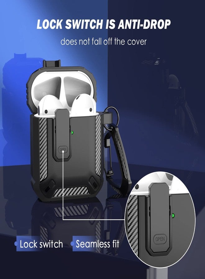 RFUNGUANGO for AirPod 2nd Generation Case Cover with Cleaner Kit, Military Hard Shell Protective Armor with Lock for AirPod Gen 1&2 Charging Case, Front LED Visible,Black - Image 2