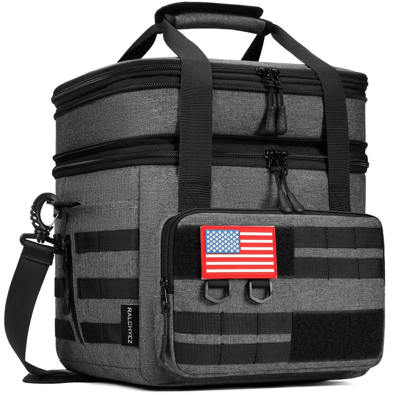 RalChyez Tactical Lunch Bag 20L Large Heavy Duty Double Deck Insulated Lunch Box Leakproof Expandable Tote Cooler with Shoulder Strap for Adult Men Women Work Fishing Picnic Travel Gray