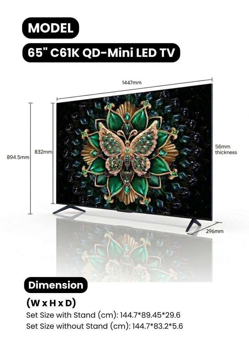 تي سي إل تلفاز TCL C61K بريميوم QD-Mini LED ذكي 65 بوصة (طراز 2026 - نسخة الإمارات) 65C61K جوجل TV مع معالج AiPQ Pro، لوحة HVA غير اللامعة، نظام ONKYO 2.1 Hi-Fi، 144Hz - تلفاز TCL 65" 4K QD-Mini LED ذكي - Image 2