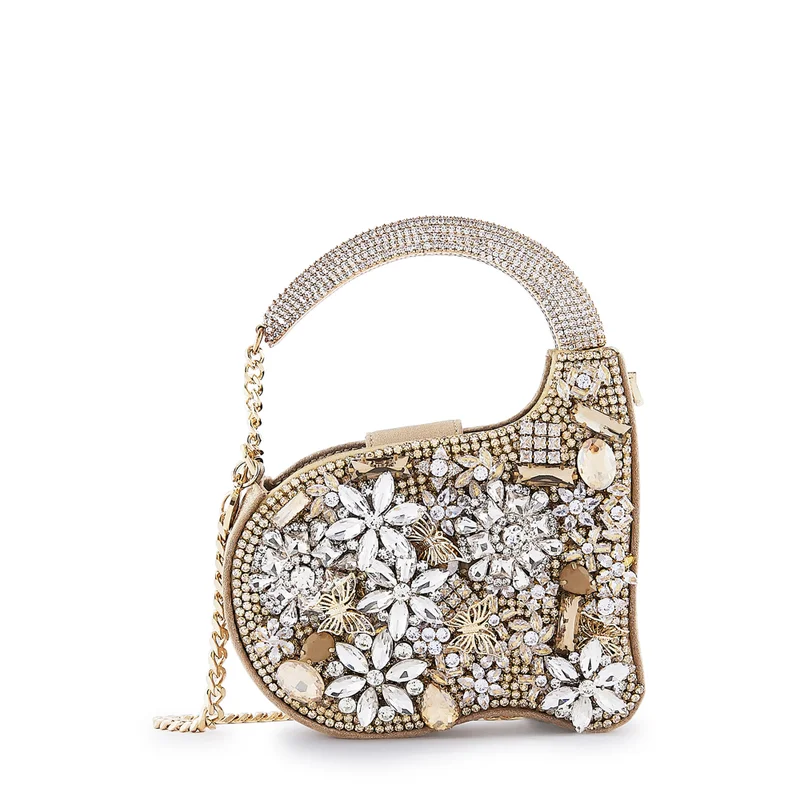 Anaar Anaar Butterfly Annette Clutch – Floral Stones Embellished A-Frame Handbag with Curved Handle