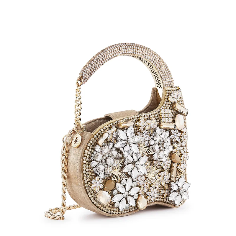 Anaar Anaar Butterfly Annette Clutch – Floral Stones Embellished A-Frame Handbag with Curved Handle