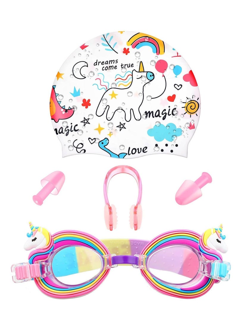 Y&D Children's Swimming Set, 5 Sets of Silicone Cap Goggles Glasses Nose Clip Ear Plugs Cartoon Pink Girls Underwater for Children Age 3-12 Years - Image 1