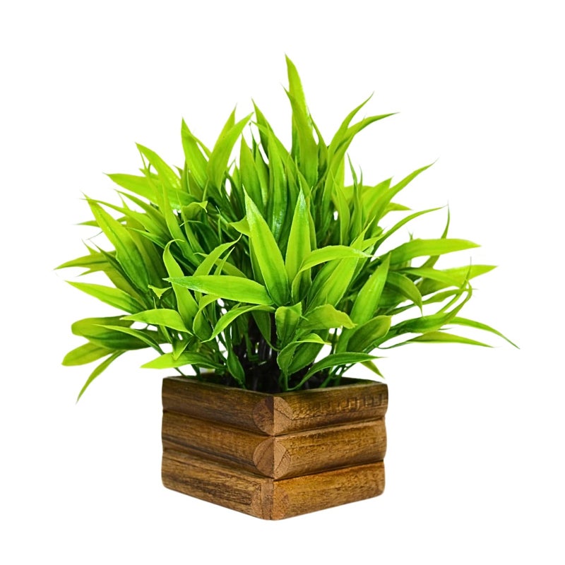 fancymart Artificial Bamboo Leaves in Wood Potted Plant Height 17 cm Perfect for Home Dcor Office Space