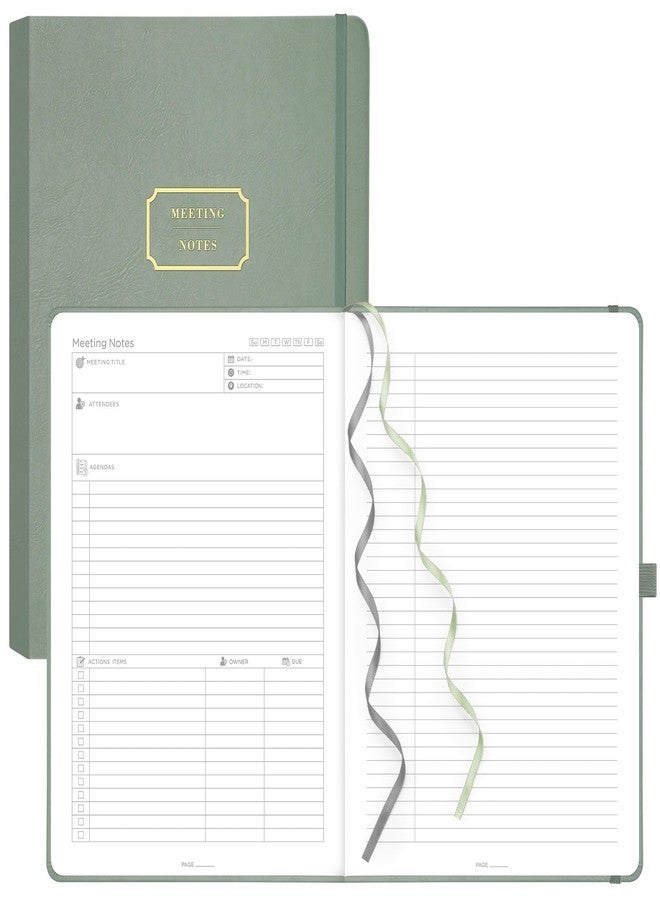 EMSHOI Meeting Notebook for Work with Sticky Tabs - 240 Pages, A4 Size Project Planner, PU Leather Meeting Agenda/Minutes Organizer for Women Men, Note Taking, Office & Business, 8.3"x11.7", Green - Image 1