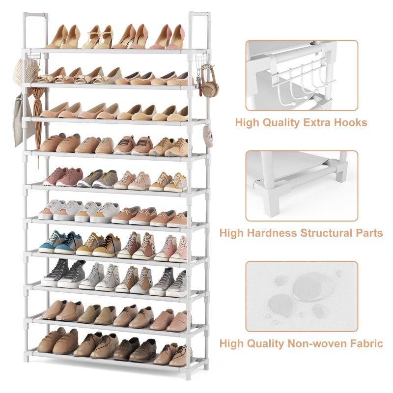 VTRIN 10 Tiers Shoe Rack Tall Large Capacity Wide Shoe Organizer Sturdy Shoe Shelf for Entryway with Two Hooks Metal Shoe Storage for Closet, Bedroom, White - Image 4
