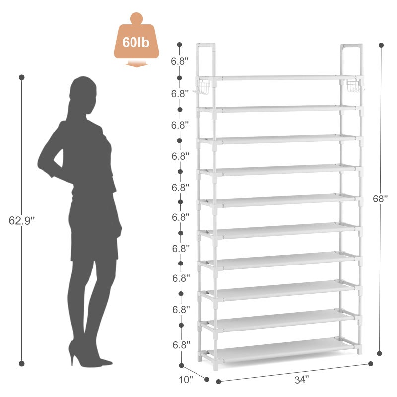 VTRIN 10 Tiers Shoe Rack Tall Large Capacity Wide Shoe Organizer Sturdy Shoe Shelf for Entryway with Two Hooks Metal Shoe Storage for Closet, Bedroom, White - Image 3