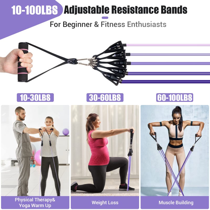 COFOF Resistance Bands with Handles for Women, 5 Level Exercise Bands Workout Bands for Physical Therapy, Yoga, Pilates, Door Anchor, Storage Pouch(Purple) - Image 2