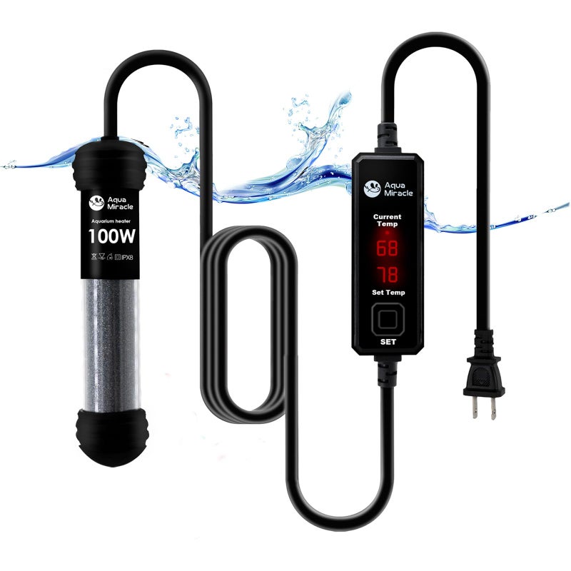 AquaMiracle Upgraded 100W Small Aquarium Heater Fish Tank Heater Turtle Heater Super Mini Aquarium Heater, Dry-Run/Overheating Protection and Memory Function, Dual LED Display, for 10-20 Gal Tanks - Image 1