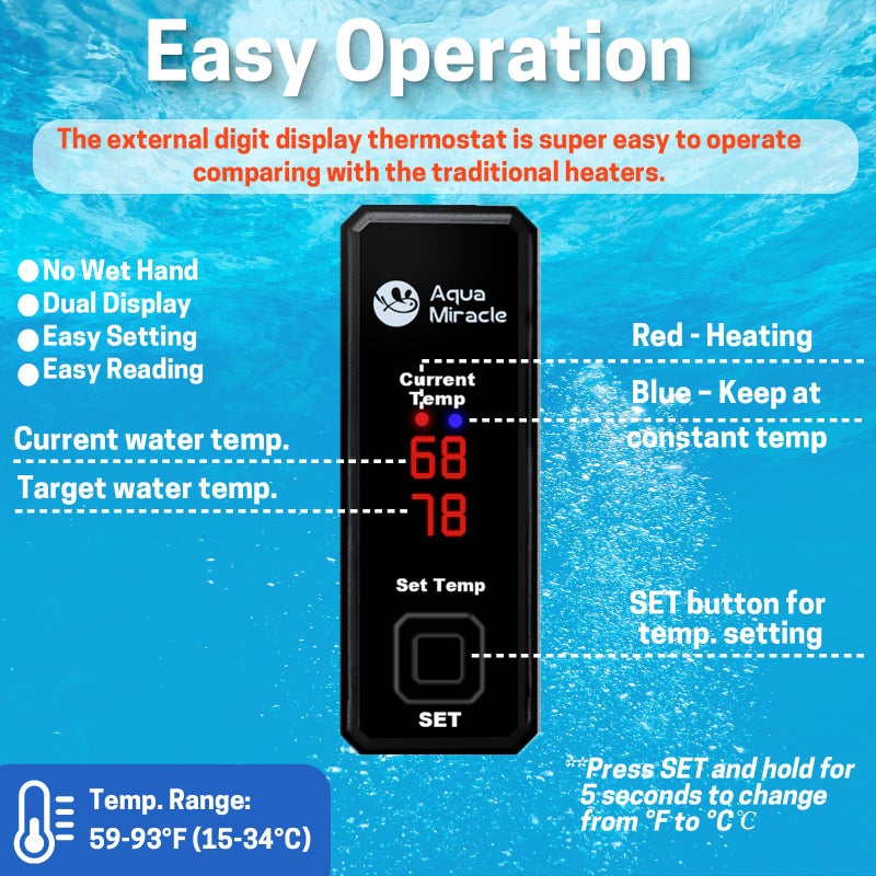 AquaMiracle Upgraded 100W Small Aquarium Heater Fish Tank Heater Turtle Heater Super Mini Aquarium Heater, Dry-Run/Overheating Protection and Memory Function, Dual LED Display, for 10-20 Gal Tanks - Image 5