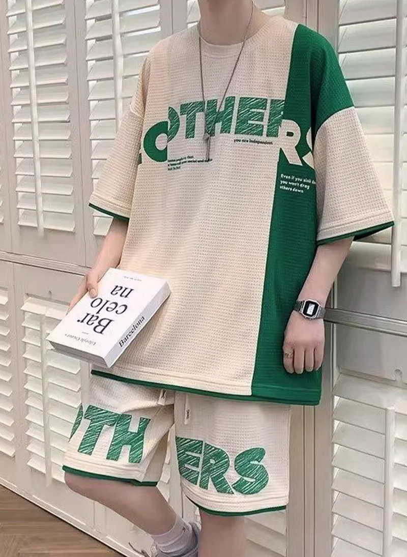 يونيكي Beige Colourblocked Typography Printed Casual T-Shirt With Shorts