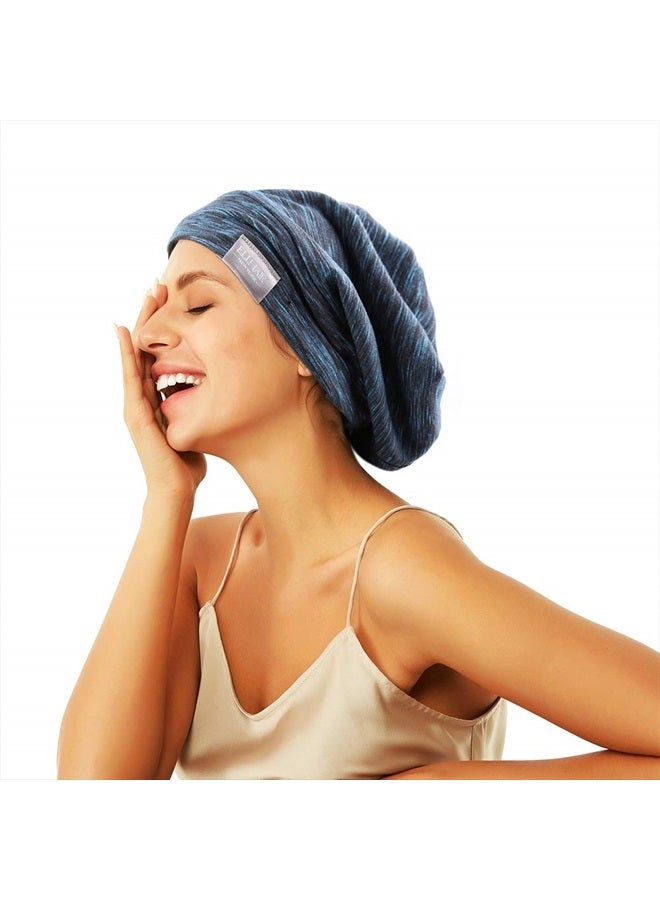 ELIHAIR Beanie Sleep Hats Bonnet for Night Sleeping Cap Silky Lined Satin Bonnet with Adjustable Elastic Band for Women Girls Curly Frizzy Hair Cover(Regular Blue Black) - Image 4