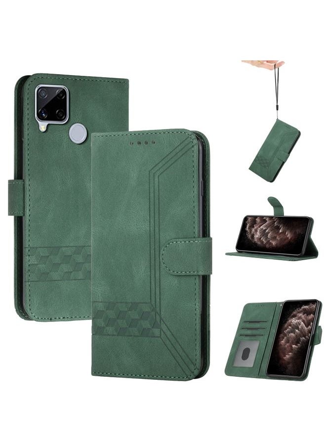 HuHa Case Cover For Realme C12 / C15 Cubic Skin Feel Flip Leather Phone Case Dark Green 
