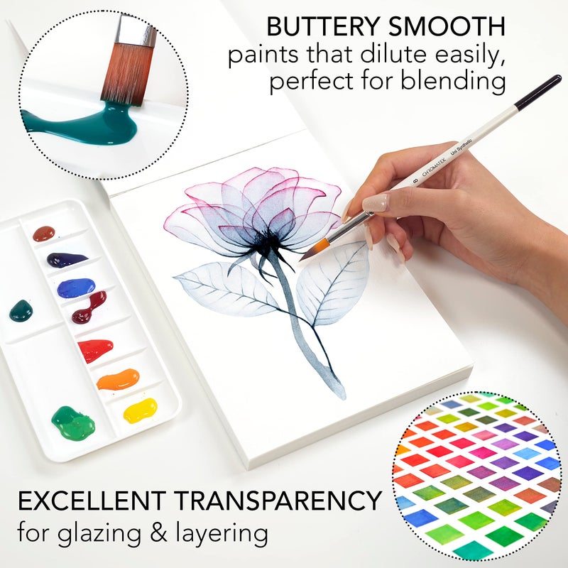 CHROMATEK Watercolor Paint Set - 84 Piece Kit for Adults, Beginner & Professional Artists - 48 Tubes (12ml), 25 Page Sketch Paper Pad, 8 Painting Brushes, Aquapen, Palette, Masking Tape - Art Supplies - Image 3