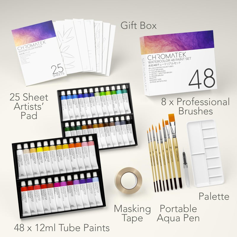 CHROMATEK Watercolor Paint Set - 84 Piece Kit for Adults, Beginner & Professional Artists - 48 Tubes (12ml), 25 Page Sketch Paper Pad, 8 Painting Brushes, Aquapen, Palette, Masking Tape - Art Supplies - Image 2