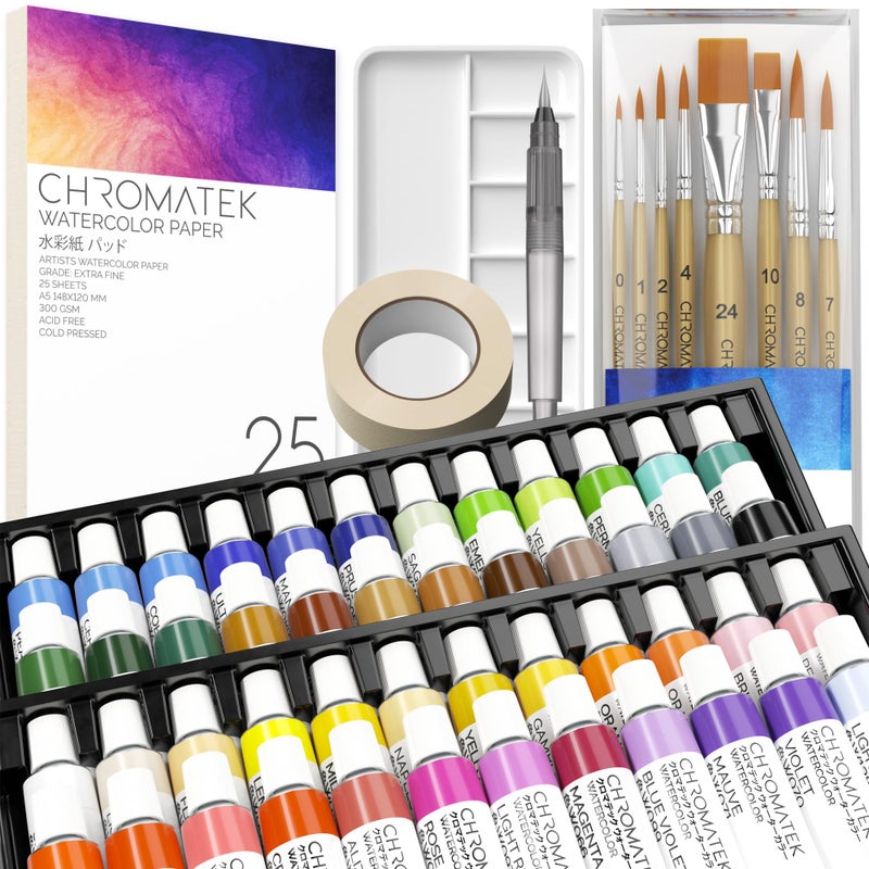 CHROMATEK Watercolor Paint Set - 84 Piece Kit for Adults, Beginner & Professional Artists - 48 Tubes (12ml), 25 Page Sketch Paper Pad, 8 Painting Brushes, Aquapen, Palette, Masking Tape - Art Supplies - Image 1