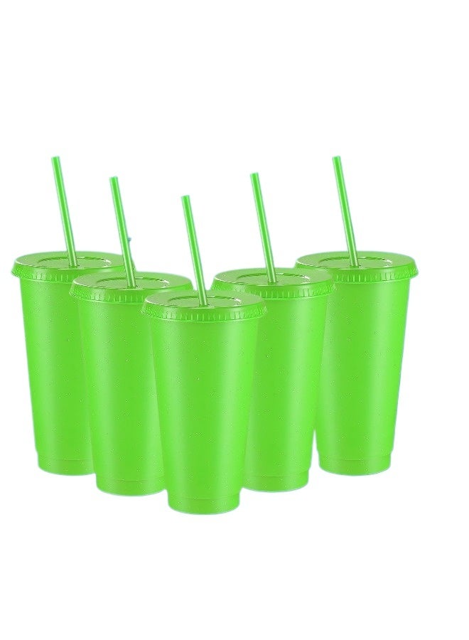 5 Pack Reusable 710ml Plastic Tumblers with Lids and Straws – Ideal for Iced Coffee, Travel, Parties, and Birthdays, Durable Drinking Cups for All Ages（Green） - Image 1