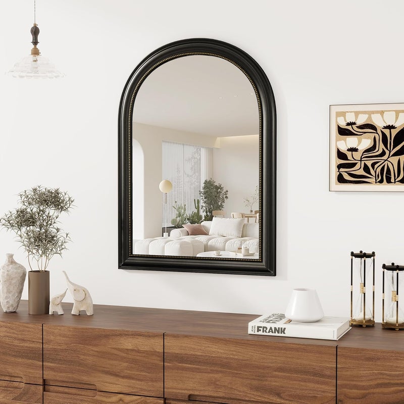 Axeman 22x30 Arched Wall Mirror, Decorative Bathroom Mirror, Traditional Vintage Wall Mounted Mirror with Beaded Frame for Accent Living Room Vanity Bedroom Entryway, Black - Image 1