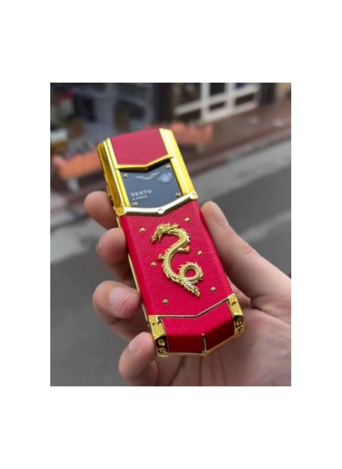 Vertu Signature Leather Gold & Red Dragon Luxury Mobile Phone 2.0 | Handcrafted with Premium Leather | Iconic Design & Precision Craftsmanship | Limited Edition | Unlocked 4G Worldwide Connectivity