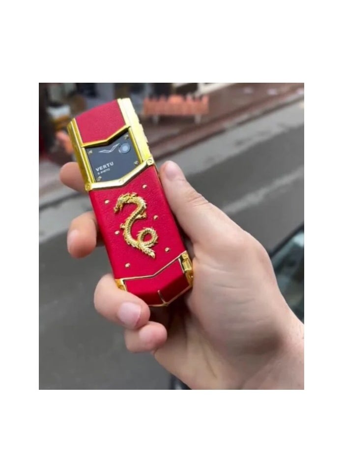 Vertu Signature Leather Gold & Red Dragon Luxury Mobile Phone 2.0 | Handcrafted with Premium Leather | Iconic Design & Precision Craftsmanship | Limited Edition | Unlocked 4G Worldwide Connectivity