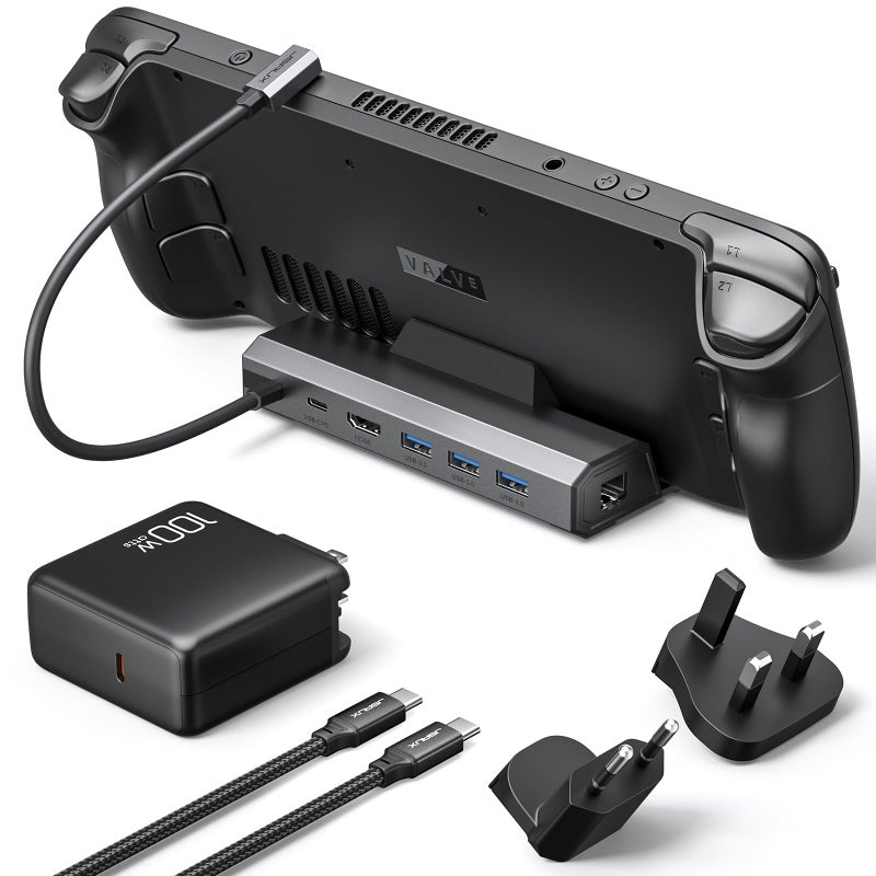 jsaux محطة إرساء JSAUX 4K@120Hz وشاحن 100 واط متوافق مع ROG Ally X/Steam Deck OLED/Legion Go (S)، محطة 6 في 1 مع HDMI 2.1، إيثرنت جيجابت، 3 USB 3.0 وشحن 100 واط - HB0603 - Image 1