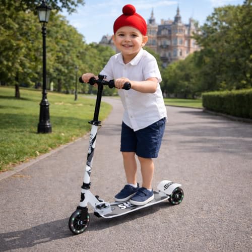 Little Pup Kids Scooter with LED Light Up Wheels, Foldable Design, Height Adjustable, White and Black, 2-Wheel Kick Scooter - Image 1