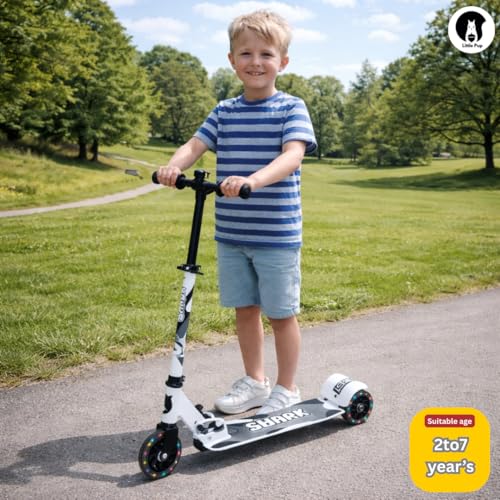 Little Pup Kids Scooter with LED Light Up Wheels, Foldable Design, Height Adjustable, White and Black, 2-Wheel Kick Scooter - Image 4