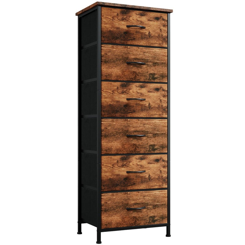 Somdot Tall Dresser for Bedroom with 6 Drawers and Side Pockets Storage Organizer Chest of Drawers with Fabric Bins for Closet Bedside Nursery Living Room Entryway Hallway Wood Grain Print