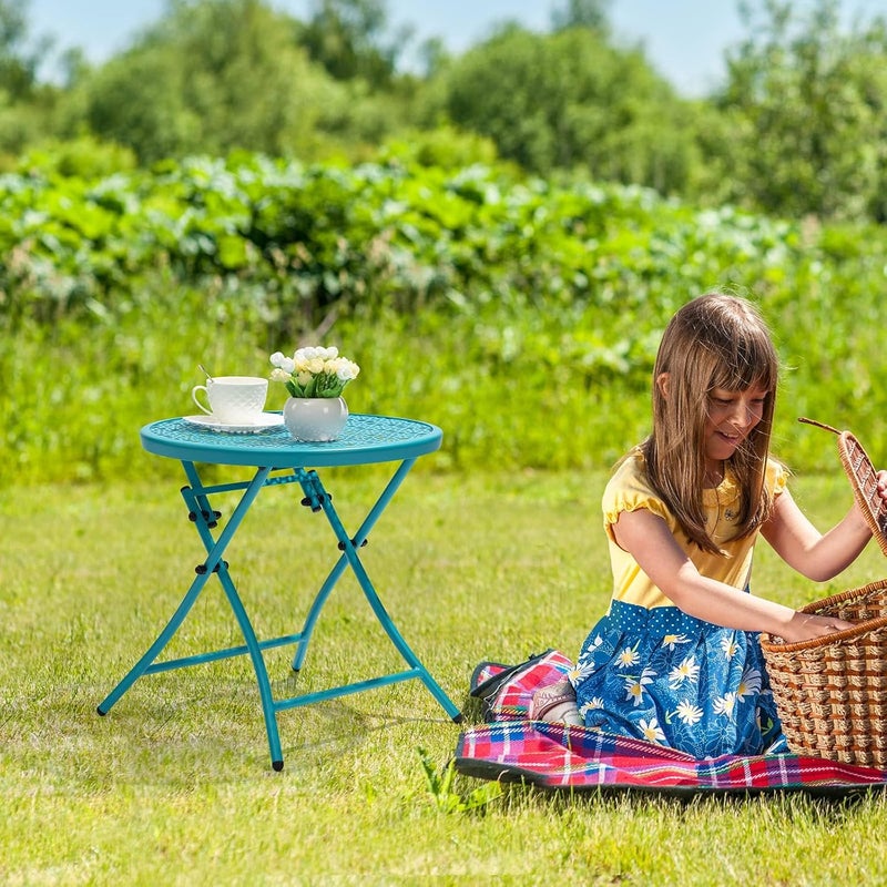 TeoKJ Folding Outdoor Side Table, Anti Rust Small Patio Table Round, Small garden table Metal End Table with Flower Cutouts for Porch Yard Balcony Deck Lawn, Blue - Image 2