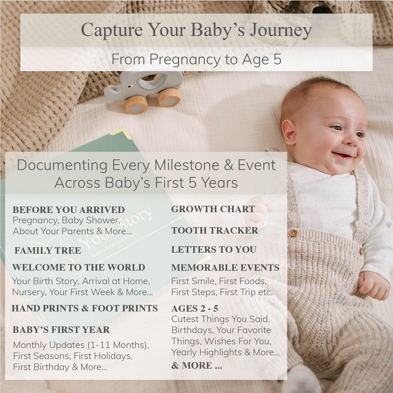 Olive & Lark Baby Book Keepsake Boy or Girl Timeless Baby Memory Book First 5 Years for Baby Shower Gender Neutral Baby Scrapbook New Mom Gift Baby Journal from Birth to Age 5 Milestone Book Sage Green - Image 5