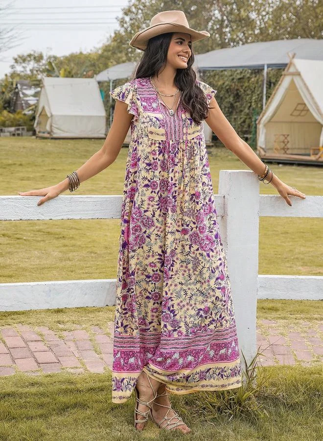 Floral A-Line Ankle Length Dress with Short Sleeves