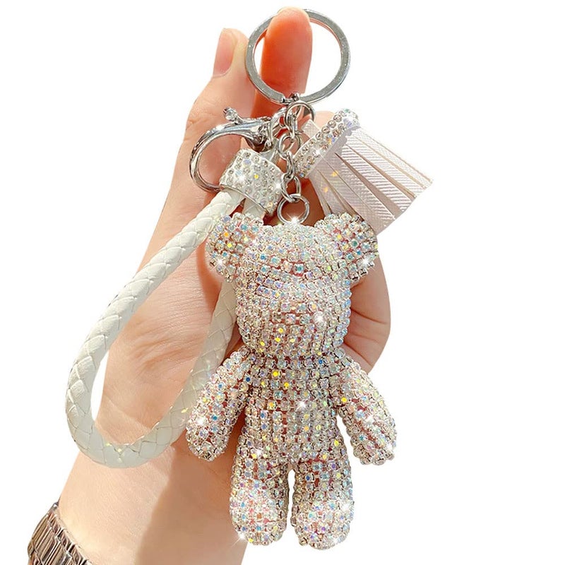 BONICI Girls Fashionable Diamond Bear Pendant Keychain Bling Sparkle Luxury Bear Key-Chains Keyring Gift Pendant for Handbag Tote Purse Backpack Bag Decoration Car Key Tassel Wrist Strap -White - Image 1
