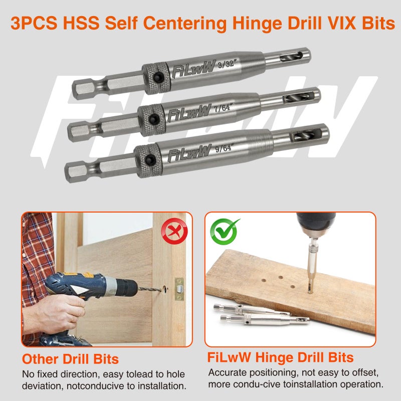 FiLwW Self-Centering Drill Bit Set, CC2430 3/32", 7/64", 9/64" Self Centering Drill Bit VIX Bit for #6 8 10 Screws - Image 3
