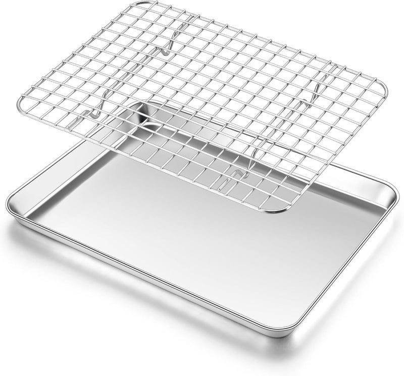 Homikit Cookie Sheet with Rack, 10 x 8 Inch Stainless Steel Small Baking Sheet with Wire Rack Set for Baking Roasting Cooling, Small Toaster Oven Pan Bacon Tray, Non-Toxic & Dishwasher Safe - Image 1
