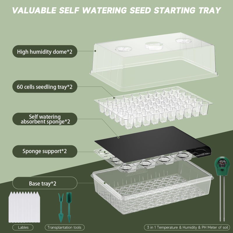 Adawook Self-Watering Seed Starter Tray, Seed Starter Kit Self Water, Germination Trays for Seed Starting with High Humidity Domes (Tray, 120 Cells) - Image 3