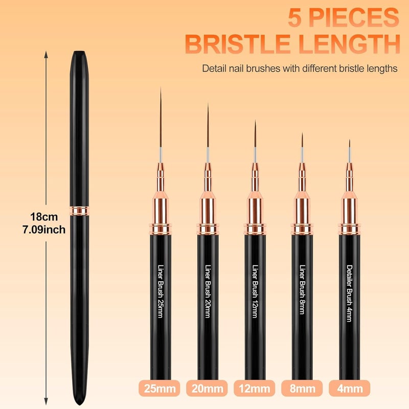 sularpek 5 Pcs Nail Art Brushes, Nail Art Liner Brushes, Painting Design Brush Set, Detail Nail Drawing Tool for Long Lines, Thin Details, Fine Drawing Sizes 4/8/12/20/25mm, Black - Image 3