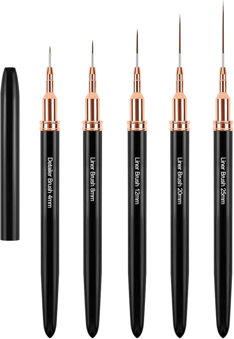 sularpek 5 Pcs Nail Art Brushes, Nail Art Liner Brushes, Painting Design Brush Set, Detail Nail Drawing Tool for Long Lines, Thin Details, Fine Drawing Sizes 4/8/12/20/25mm, Black - Image 2