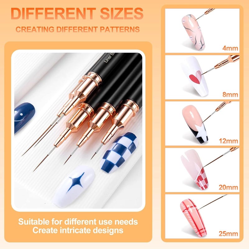 sularpek 5 Pcs Nail Art Brushes, Nail Art Liner Brushes, Painting Design Brush Set, Detail Nail Drawing Tool for Long Lines, Thin Details, Fine Drawing Sizes 4/8/12/20/25mm, Black - Image 5