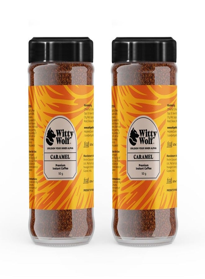 Witty Wolf Premium Caramel Instant Flavored Coffee Combo (50gm + 50gm) | Espresso, Latte & Cappuccino | Hot & Cold Coffee (Pack of 2) - Image 1