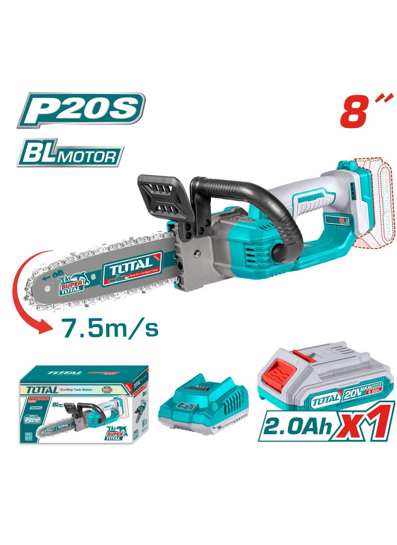 TOTAL - Super Total 20V Lithium-Ion Brushless Cordless Chain Saw - 8" Bar, 7.5m/s Speed, Includes Battery, Charger & Accessories for Easy Tree Cutting & Pruning TGSLI20851 - Image 1