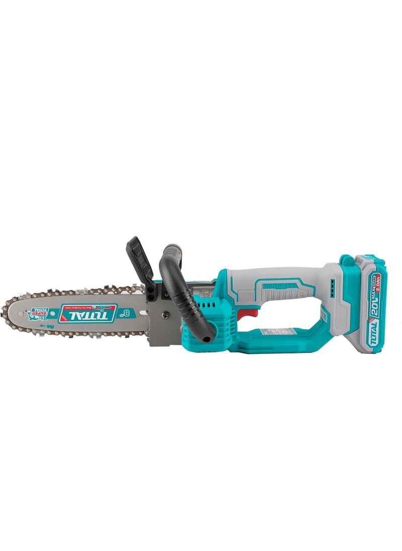 TOTAL - Super Total 20V Lithium-Ion Brushless Cordless Chain Saw - 8" Bar, 7.5m/s Speed, Includes Battery, Charger & Accessories for Easy Tree Cutting & Pruning TGSLI20851 - Image 1