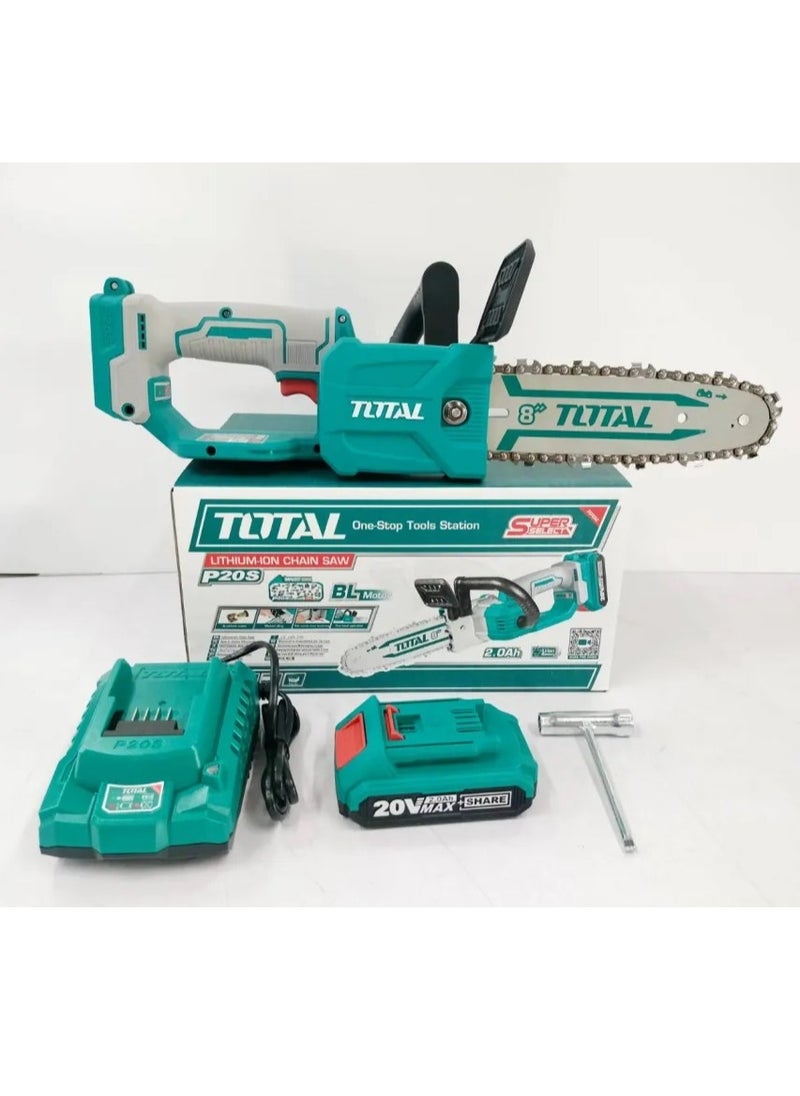 TOTAL - Super Total 20V Lithium-Ion Brushless Cordless Chain Saw - 8" Bar, 7.5m/s Speed, Includes Battery, Charger & Accessories for Easy Tree Cutting & Pruning TGSLI20851 - Image 1