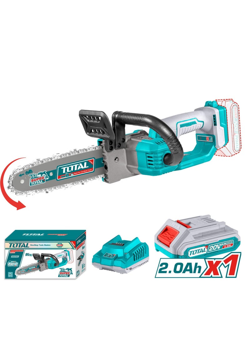TOTAL - Super Total 20V Lithium-Ion Brushless Cordless Chain Saw - 8" Bar, 7.5m/s Speed, Includes Battery, Charger & Accessories for Easy Tree Cutting & Pruning TGSLI20851 - Image 1